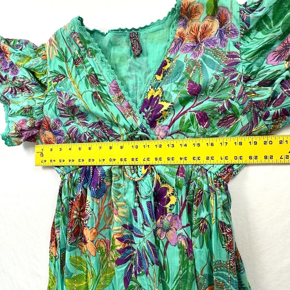 ME 2 Magic Boho Maxi Dress XL Green Floral Tiered Short Sleeve Boho Resortwear - Picture 12 of 14